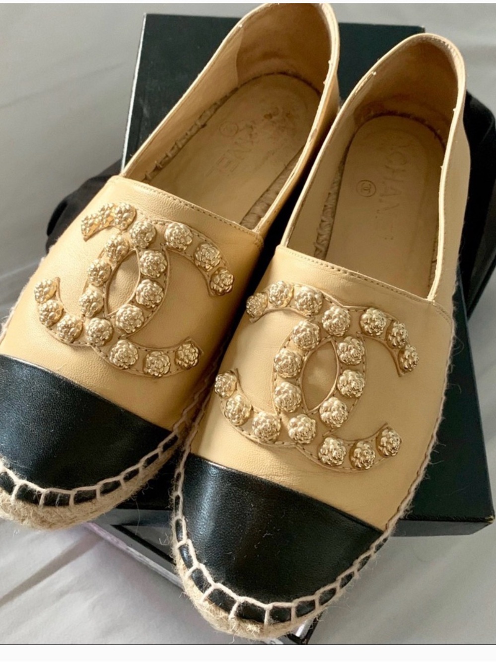 CHANEL Beige and Black Leather Espadrilles with Gold CC Embellishment